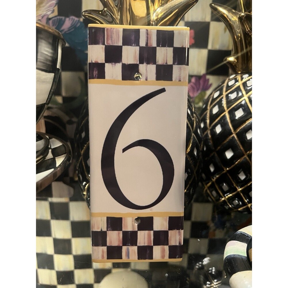 NEW Mackenzie-Childs Tile Ceramic HOUSE NUMBER 6 Or 9 COURTLY CHECK  7" X 3"
